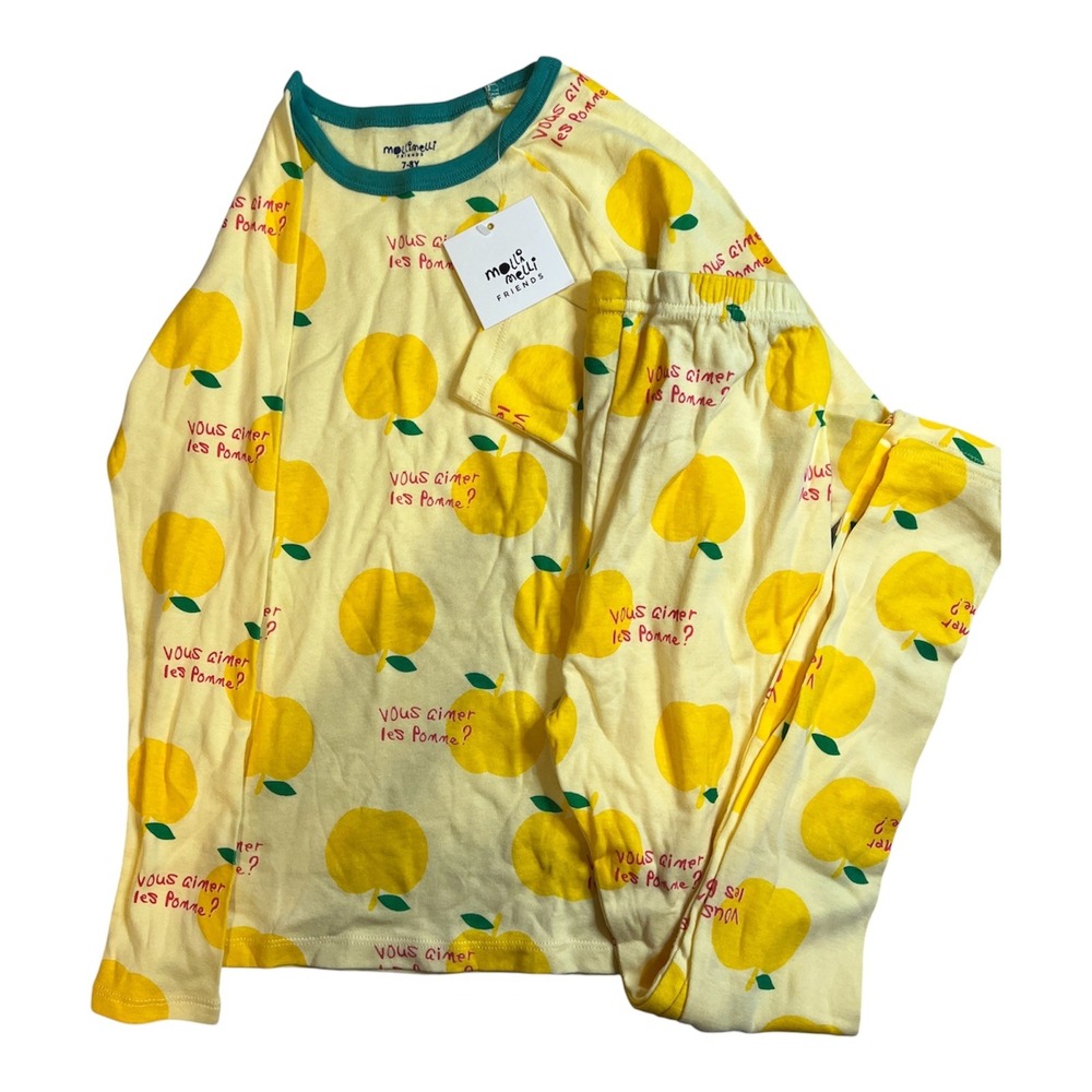 Molli Melli Friends pajama set 7-8y yellow apple print NWT eco-friendly fabric